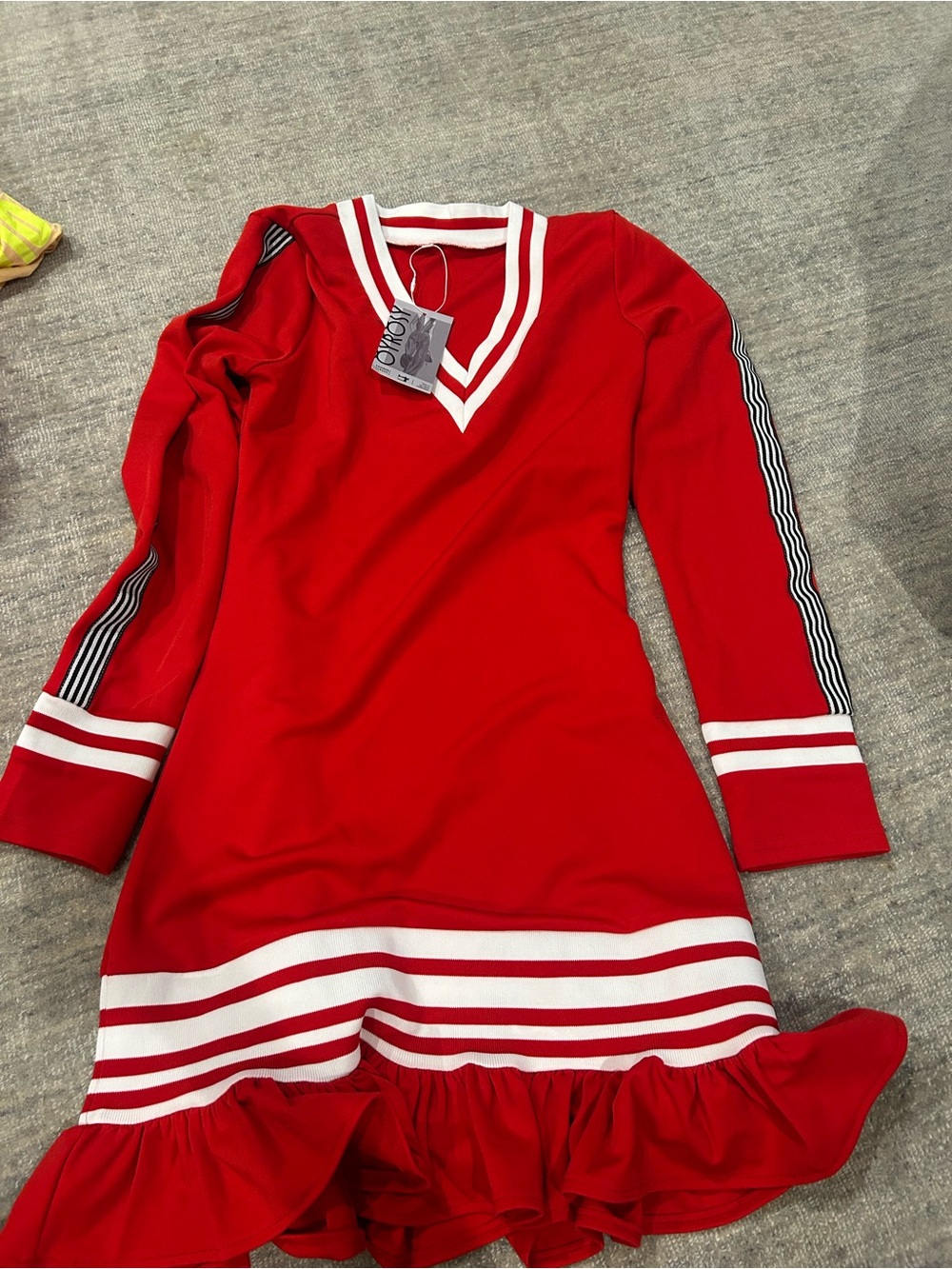 V-Neck Red Ruffle-Hem Kids Dress with Stripe Accents